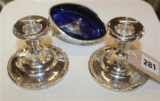 Pair of Edwardian silver candlesticks & Georgian salt